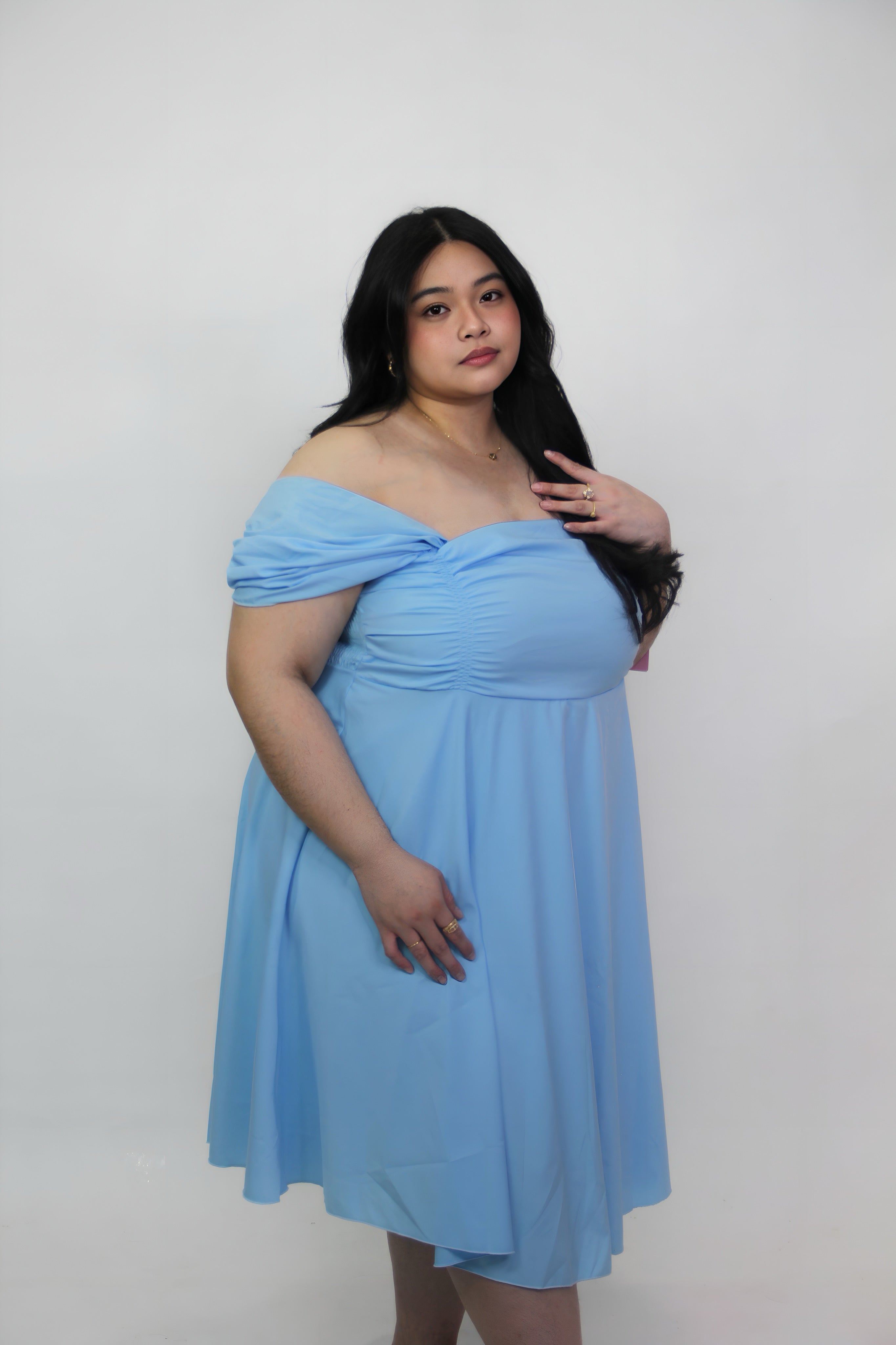 Sky Blue Off-Shoulder Ruched Midi Dress (Plus Size 1XL–2XL)