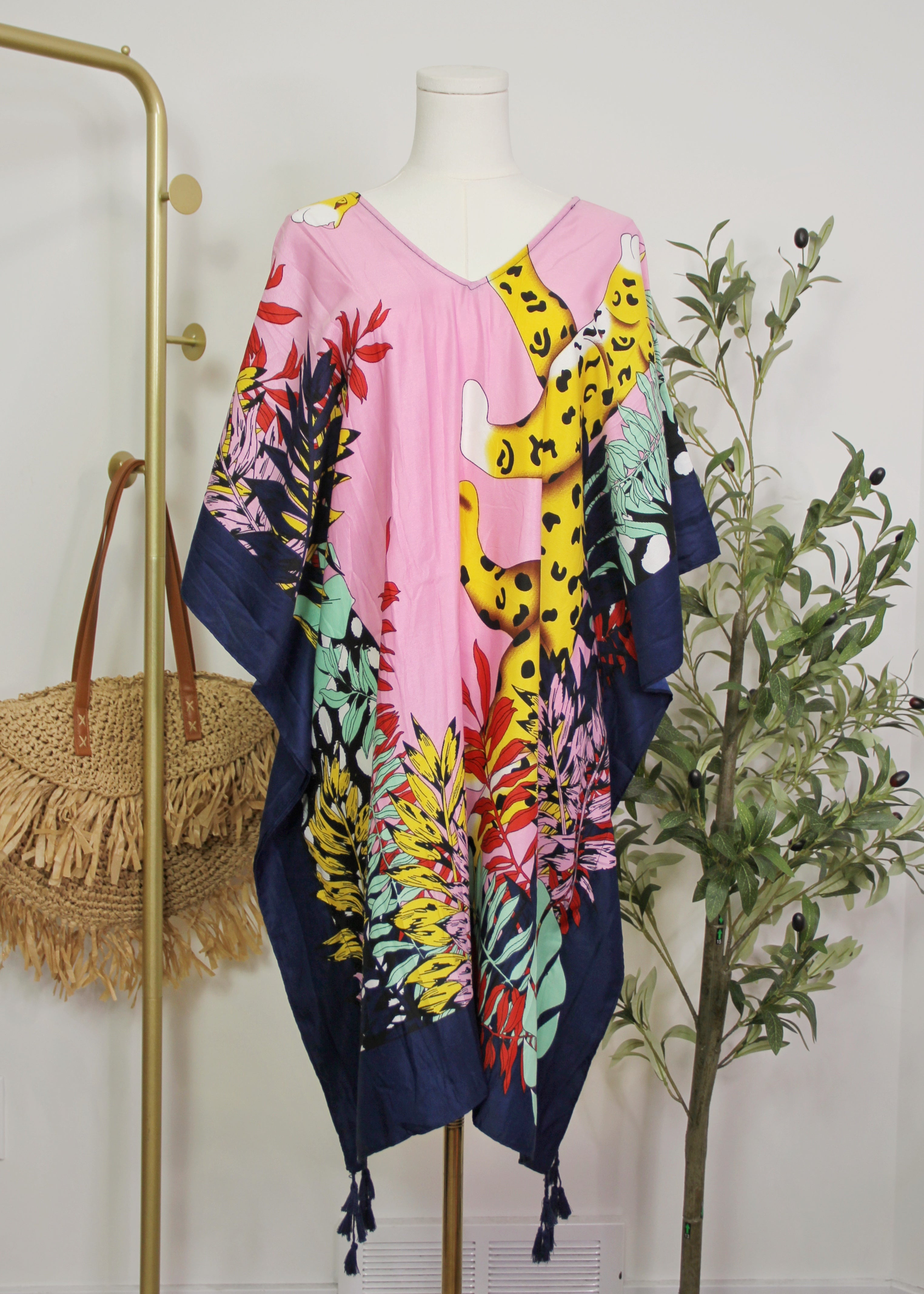 Tropical Leopard Tassel Kaftan Dress