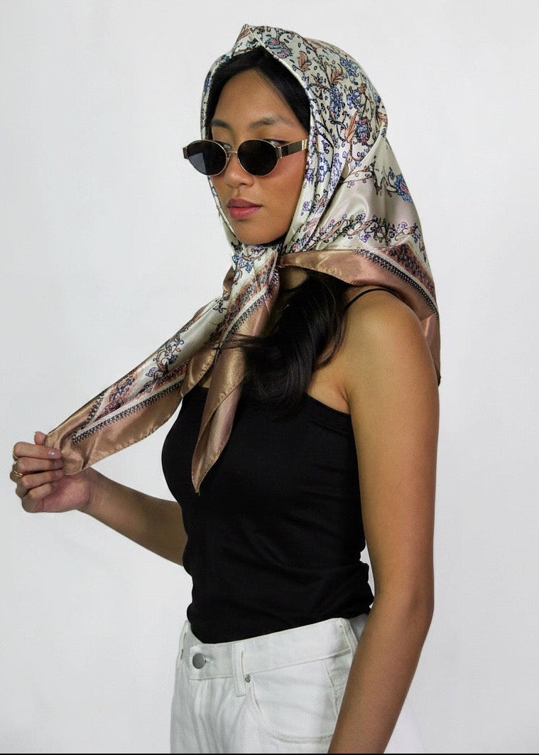 Satin Bandana Scarf- Beige Floral
