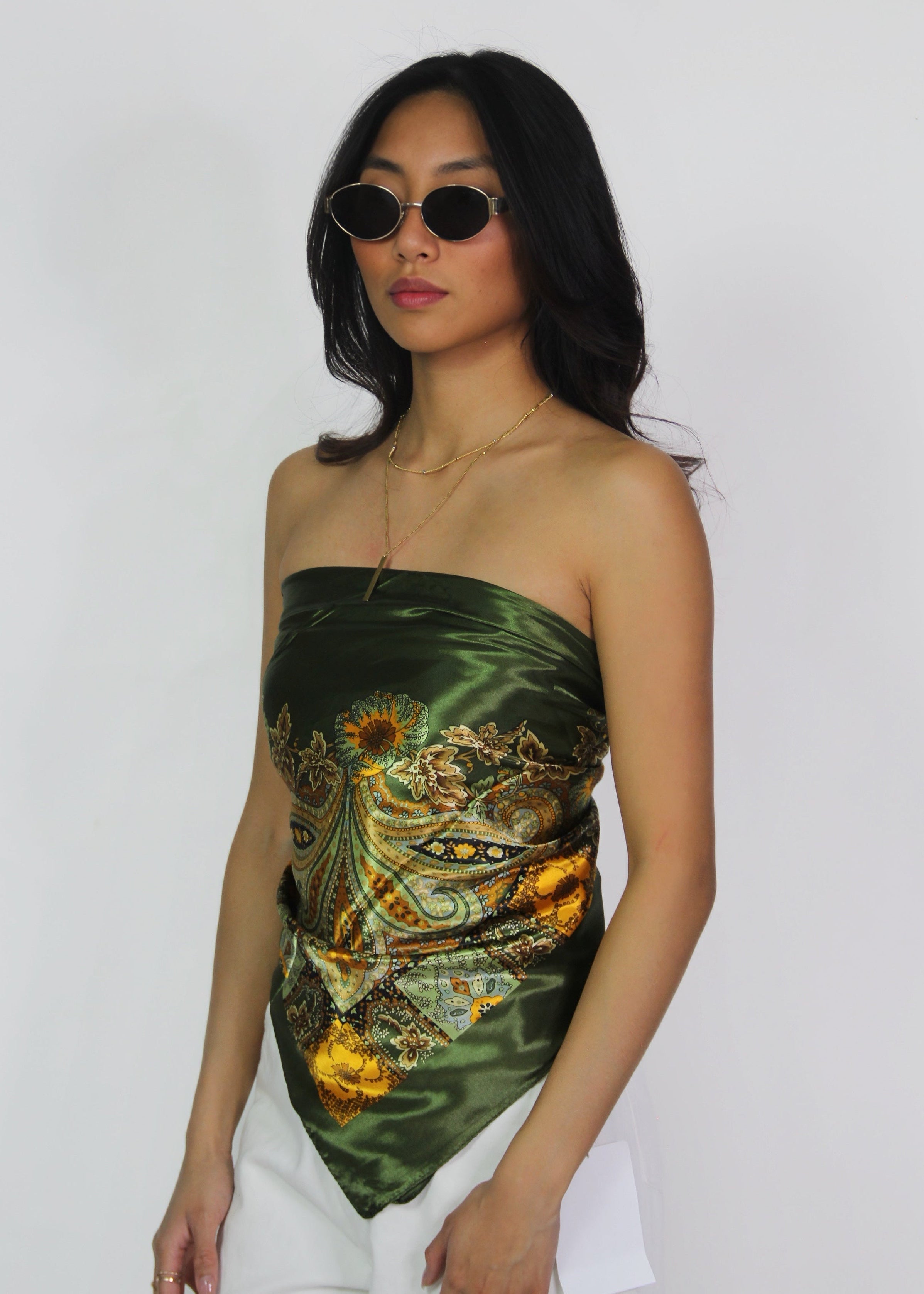 Satin Bandana Scarf- Green Floral