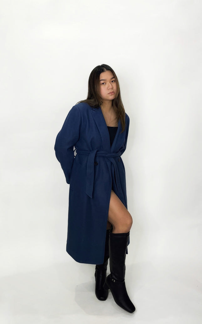 Navy Tie-Waist Long Coat