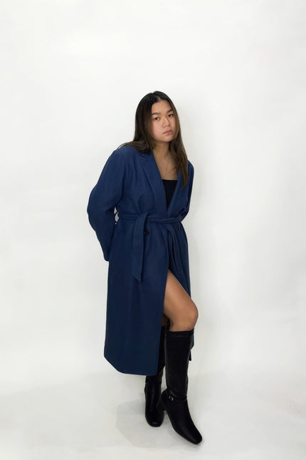Navy Tie-Waist Long Coat