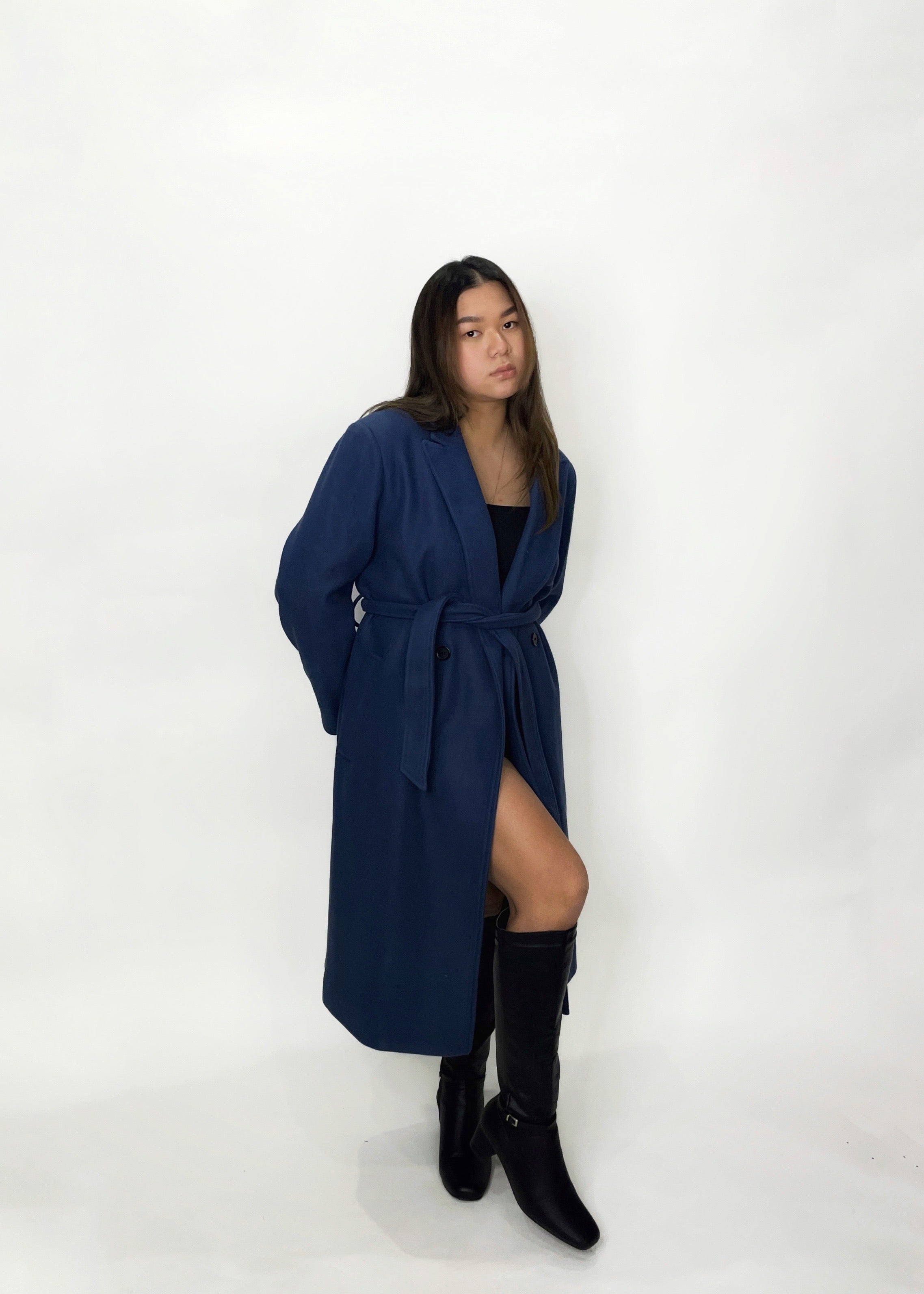 Navy Tie-Waist Long Coat