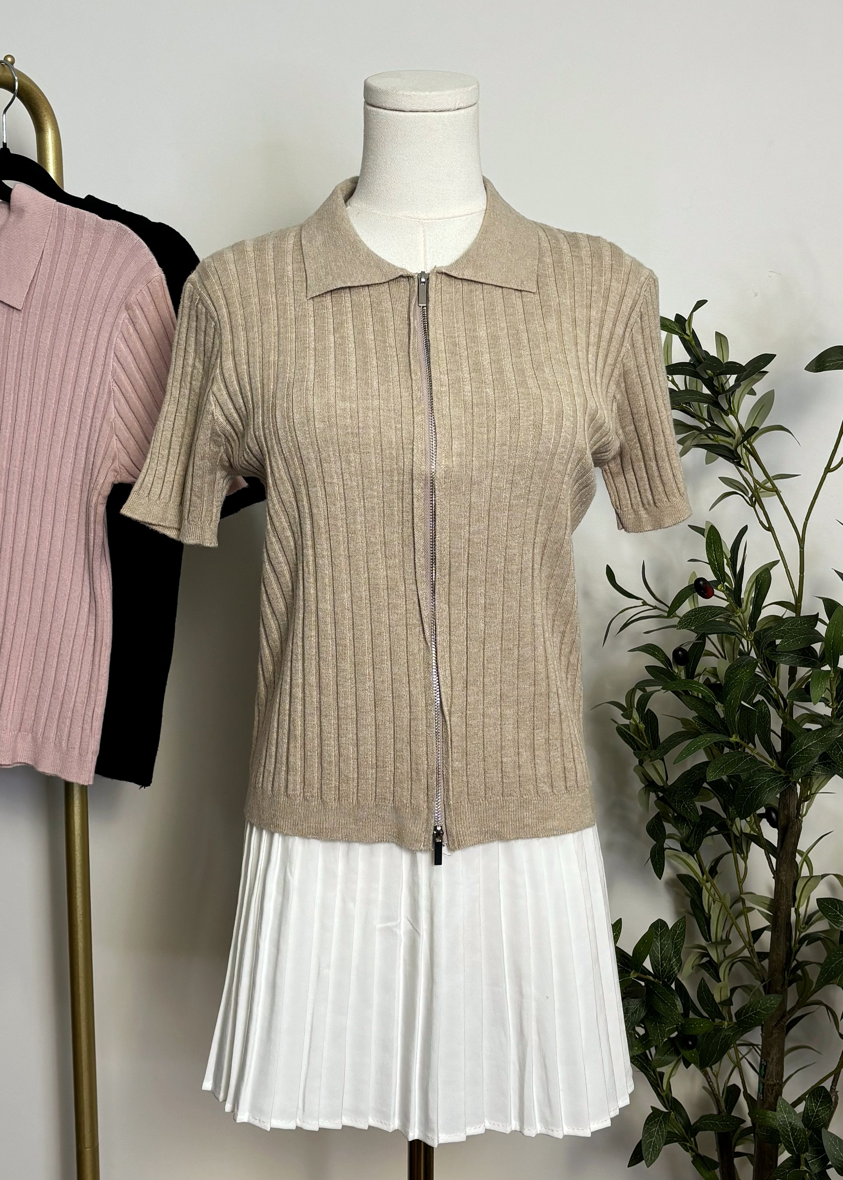 Ribbed Zip-Up Knit Top