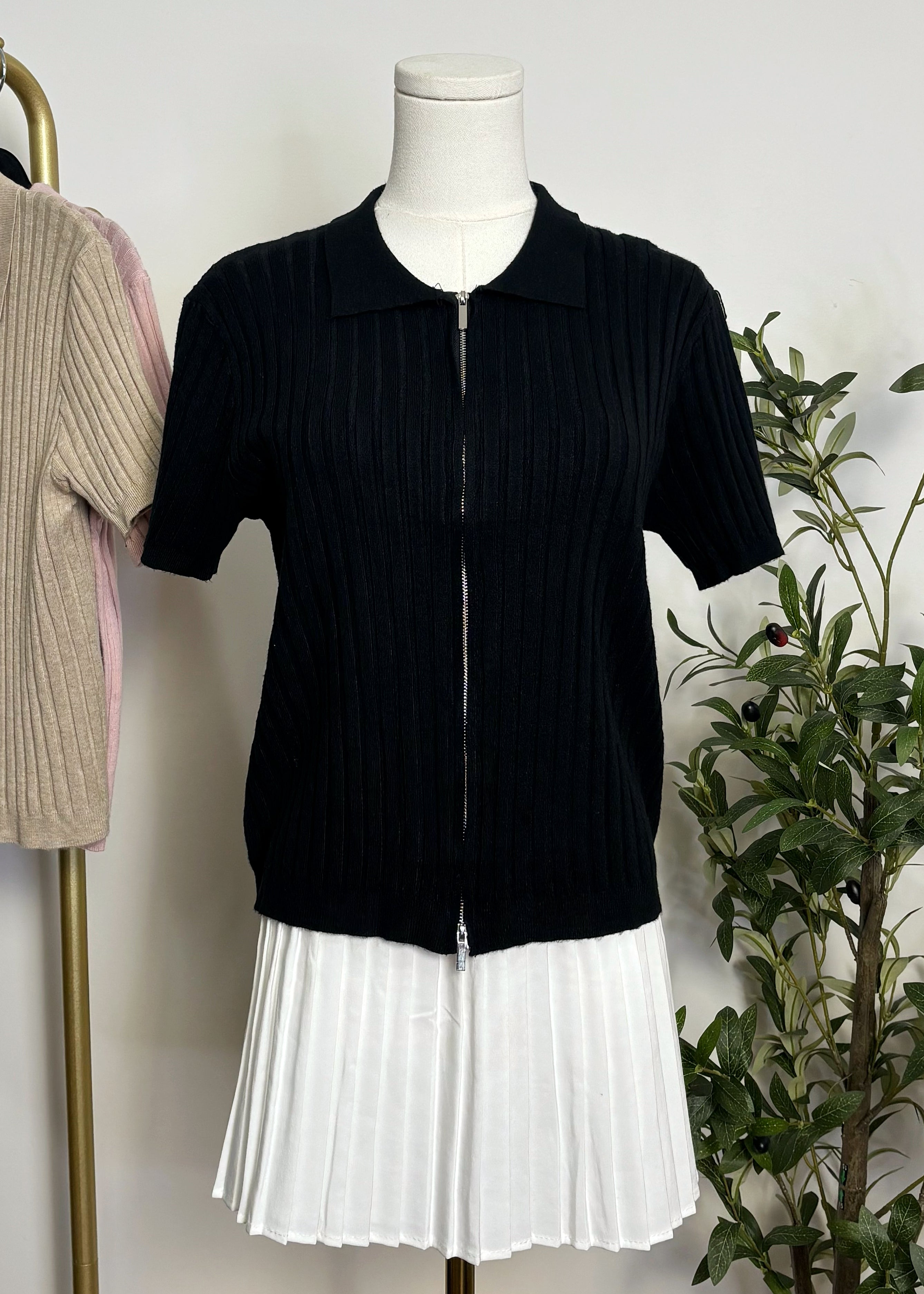 Ribbed Zip-Up Knit Top