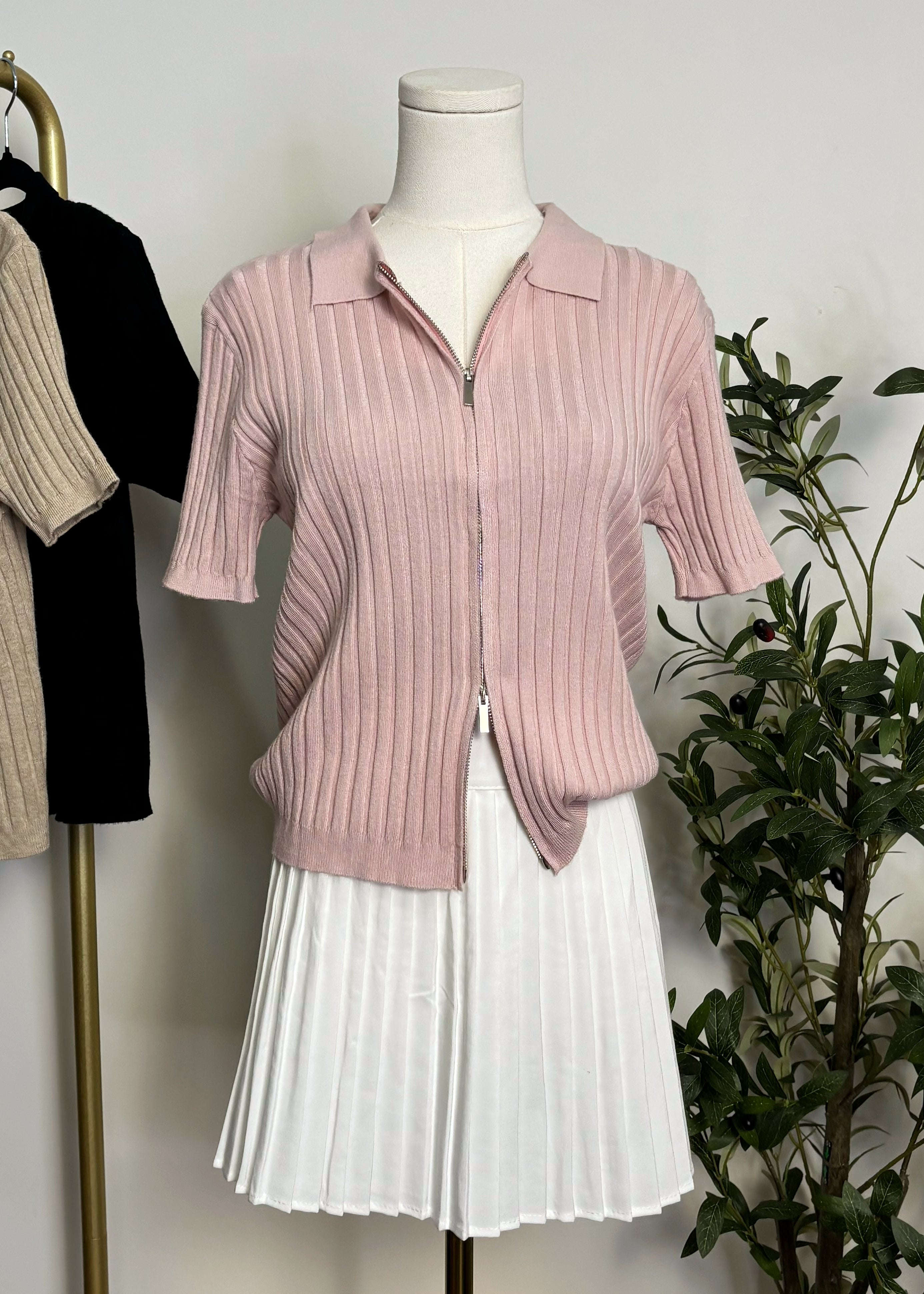 Ribbed Zip-Up Knit Top
