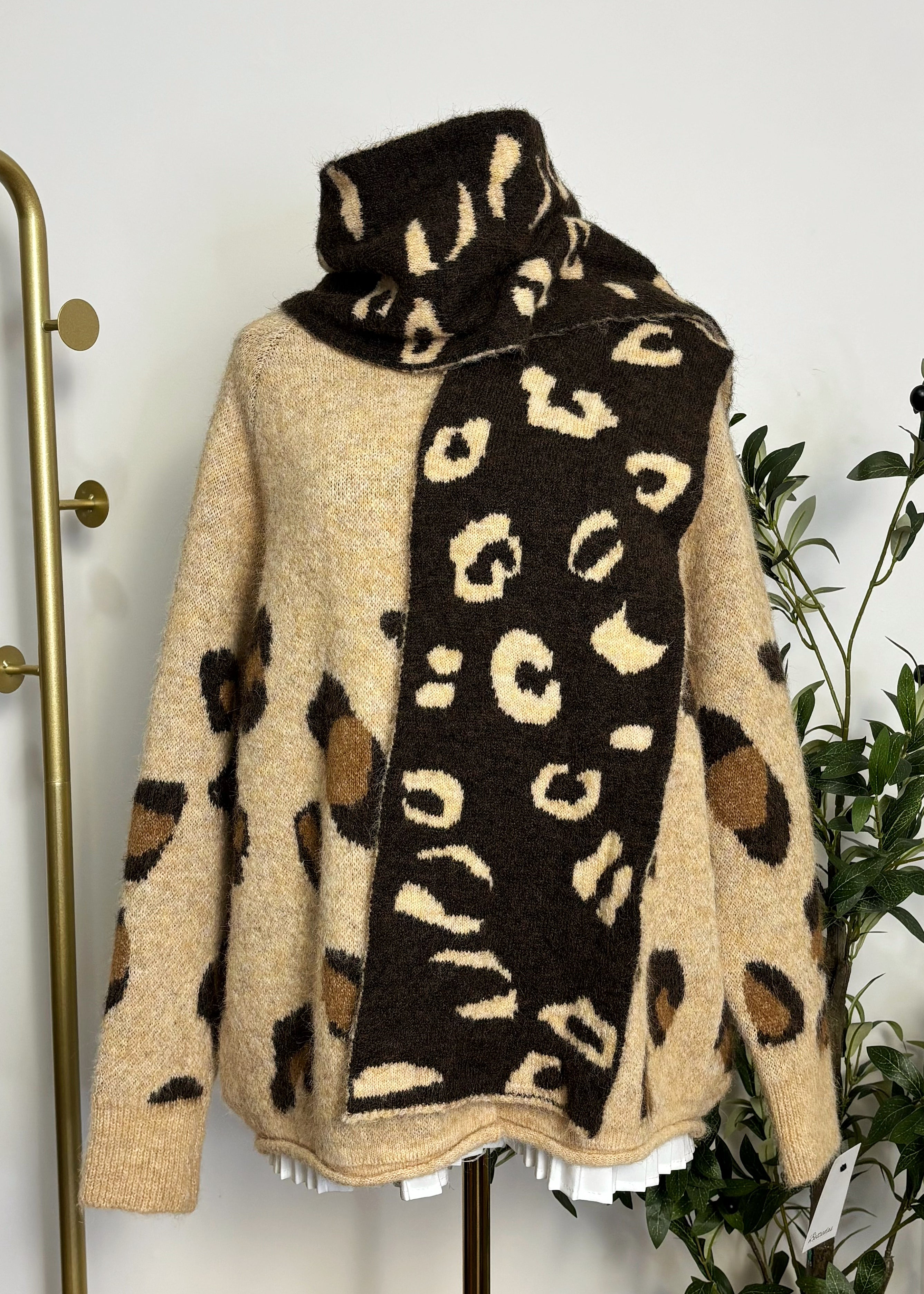 Leopard Print Knit Cardigan & Scarf Set