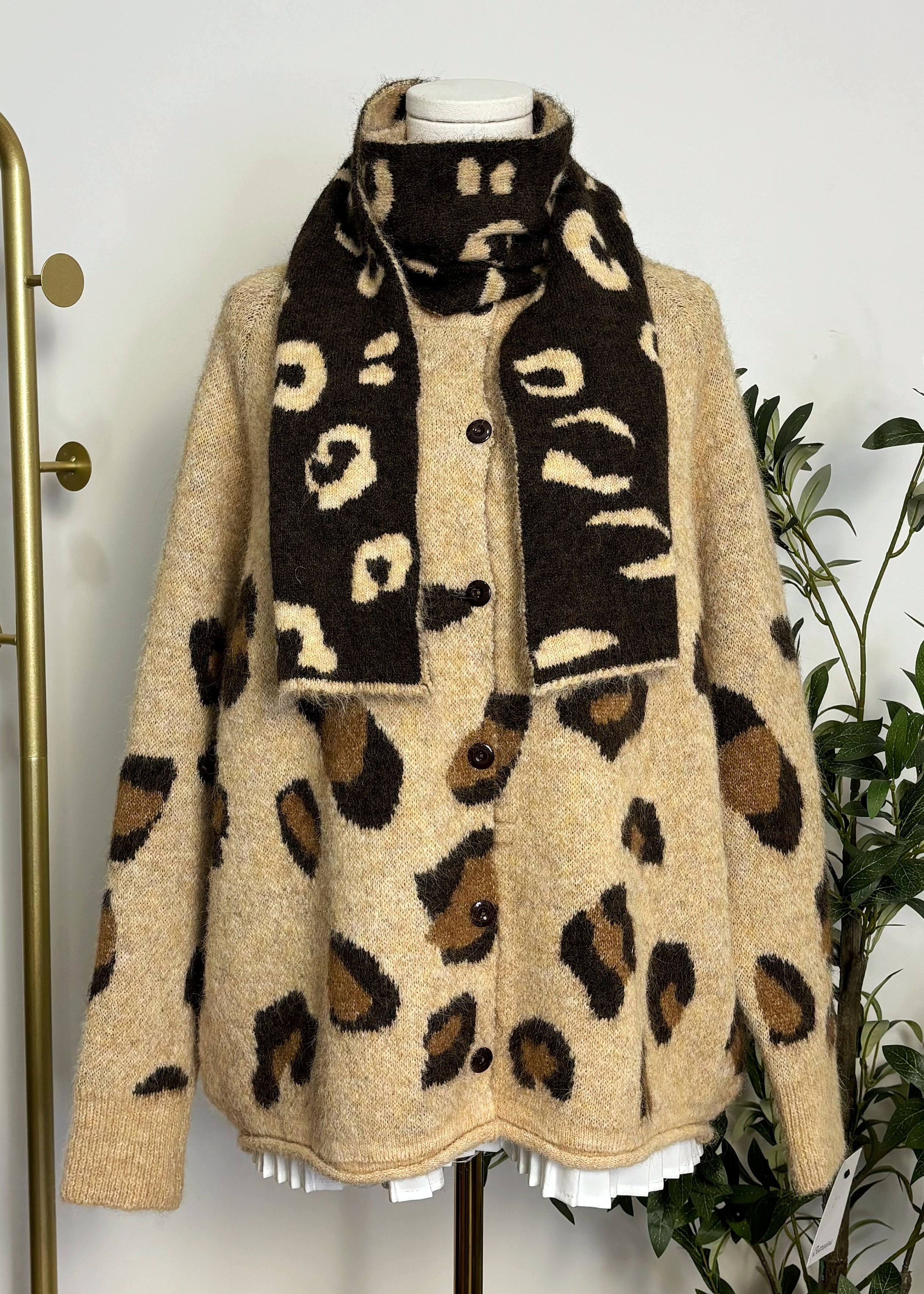 Leopard Print Knit Cardigan & Scarf Set