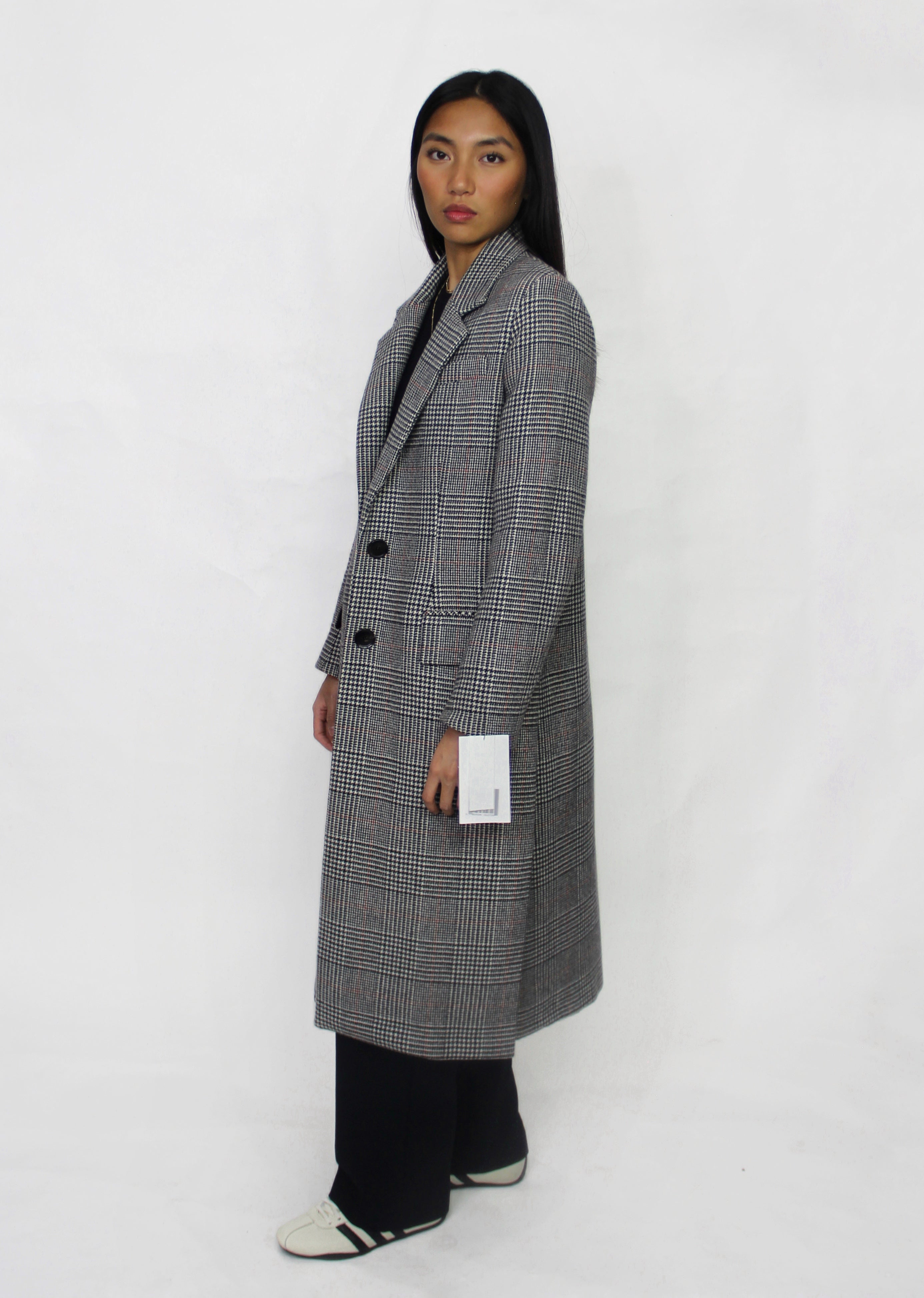 Grey Checked Long Coat - Size S