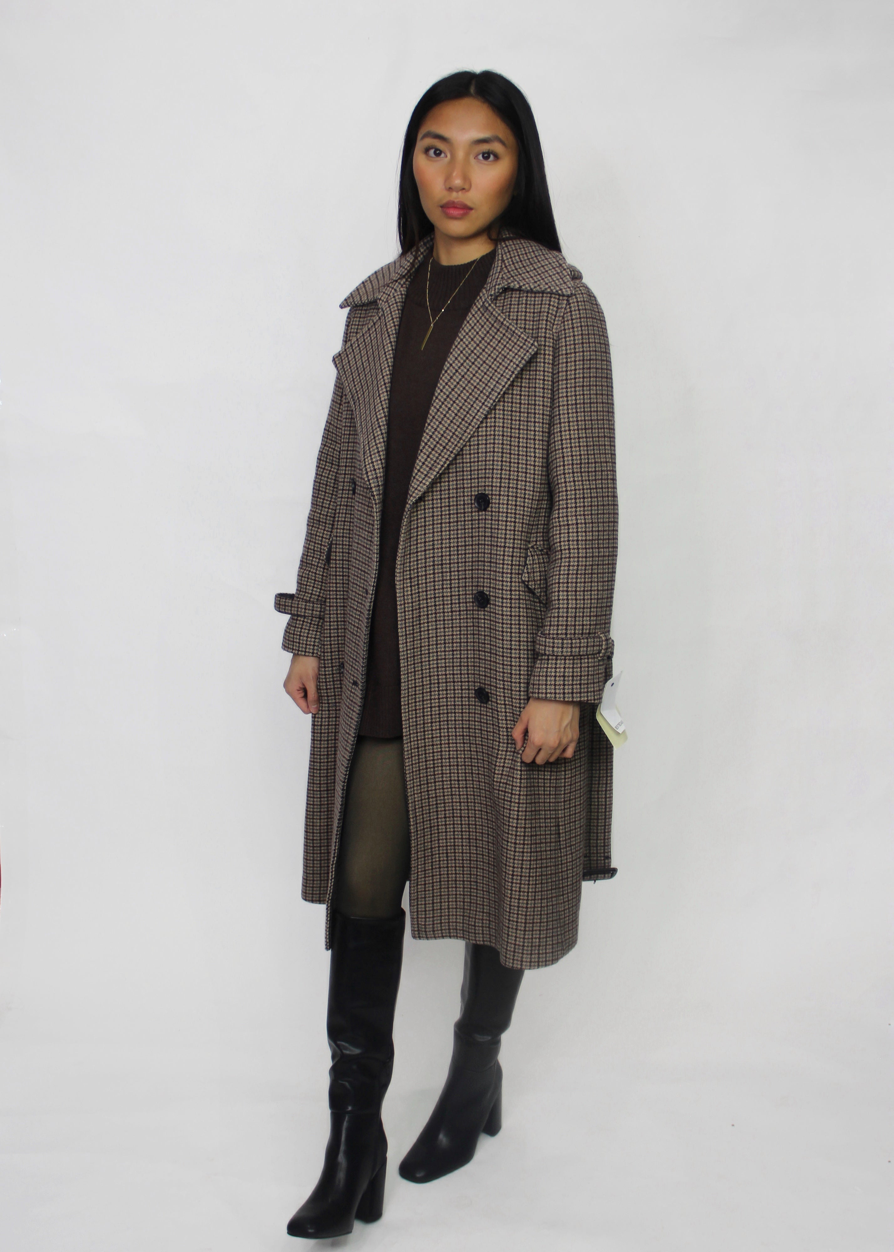 Brown Checked Trench-Style Coat
