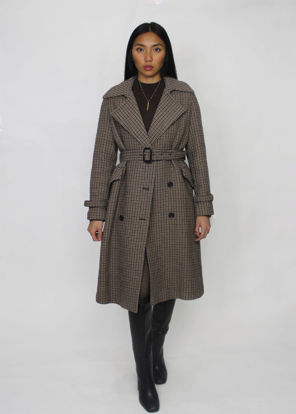Brown Checked Trench-Style Coat