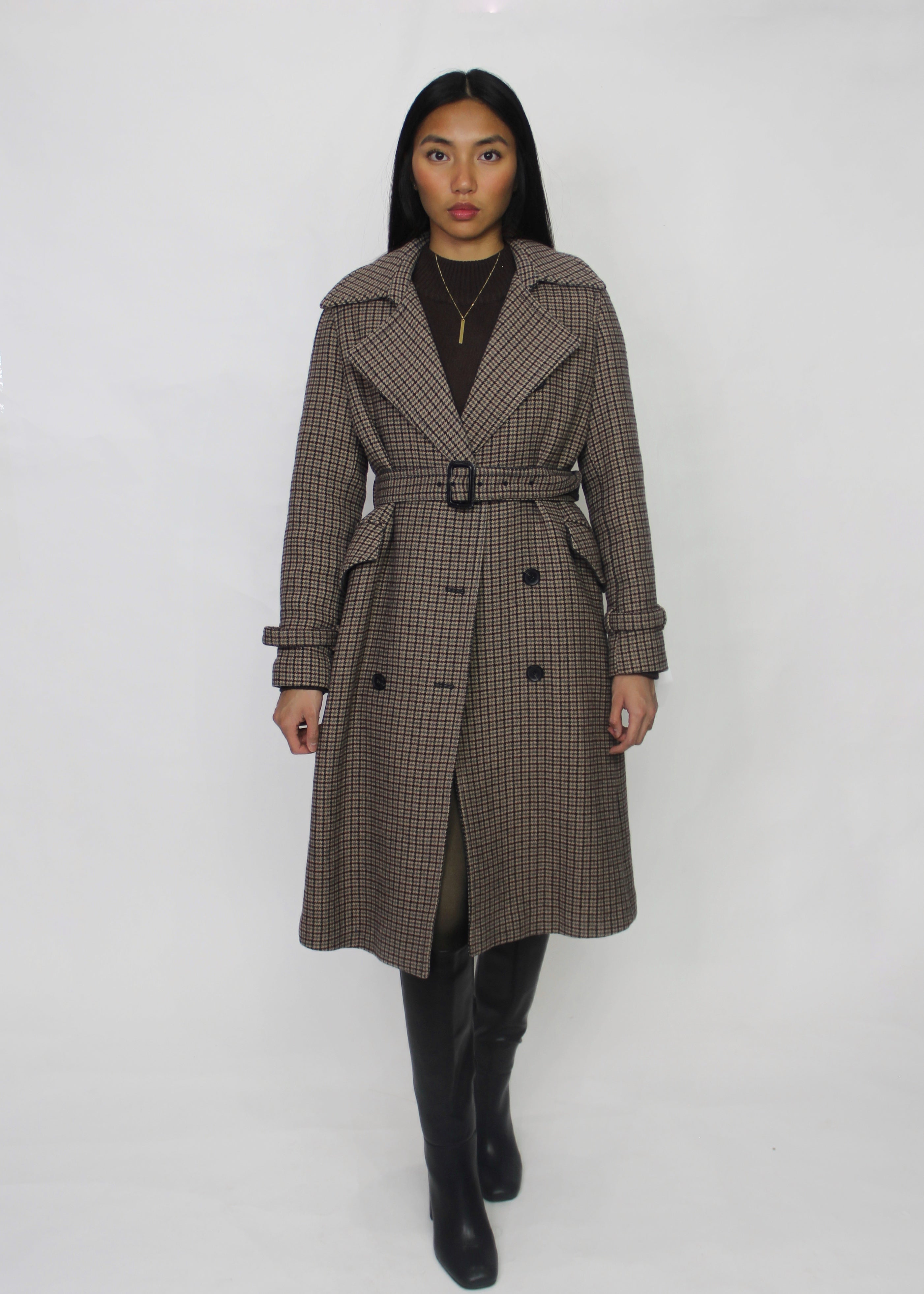 Brown Checked Trench-Style Coat