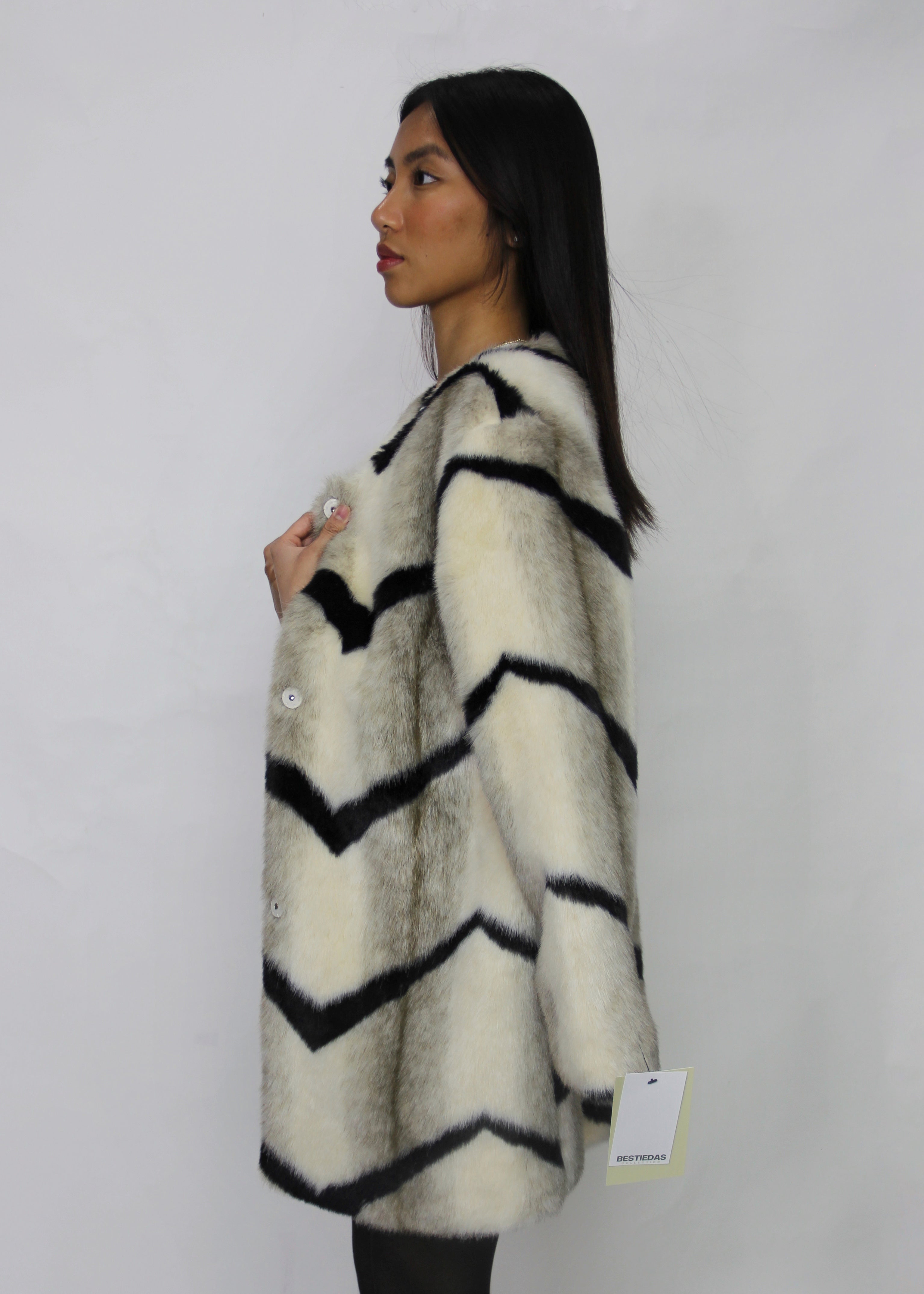 Two-Tone Chevron Faux Fur Coat