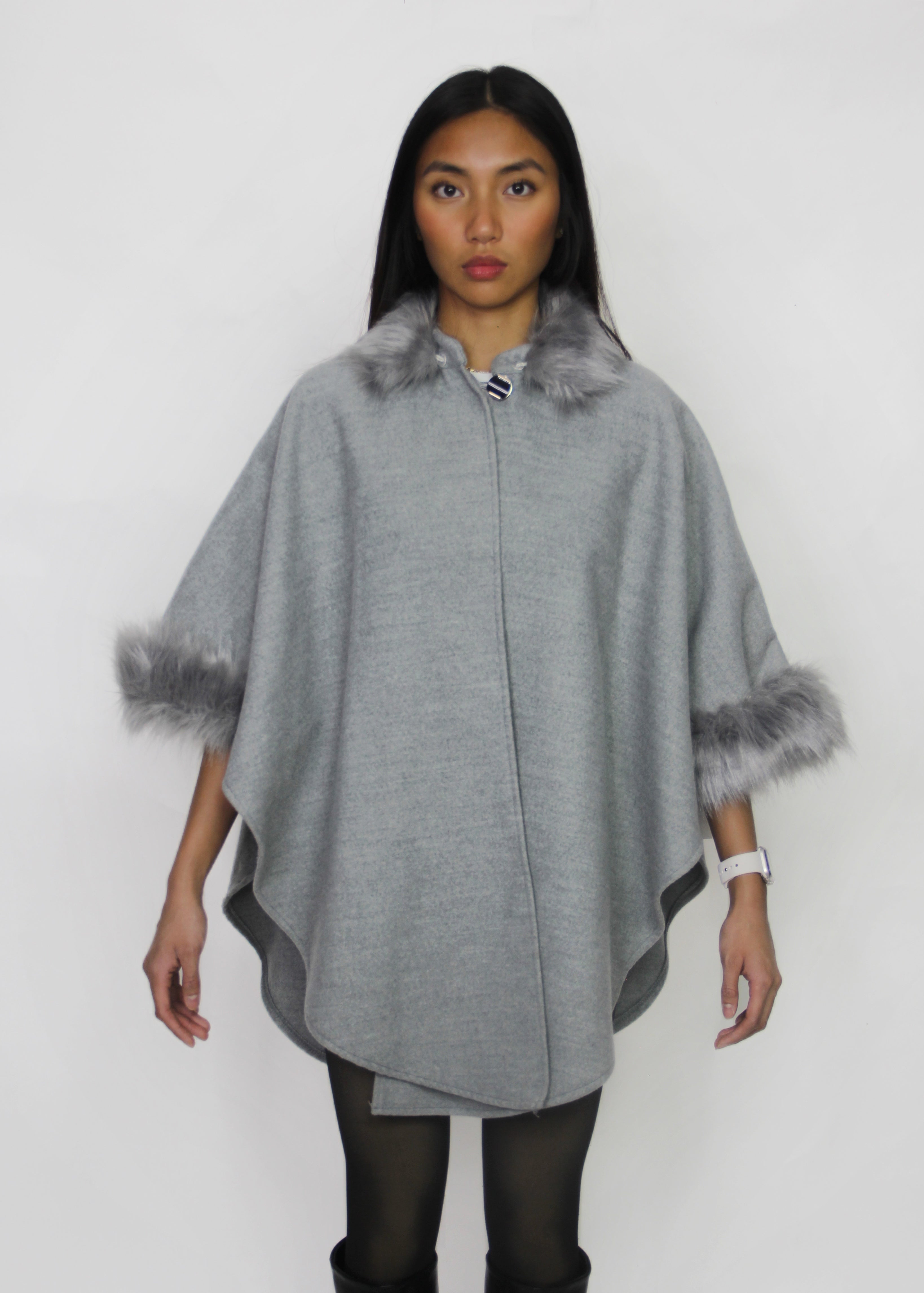 Grey Cape Coat with Faux Fur Trim