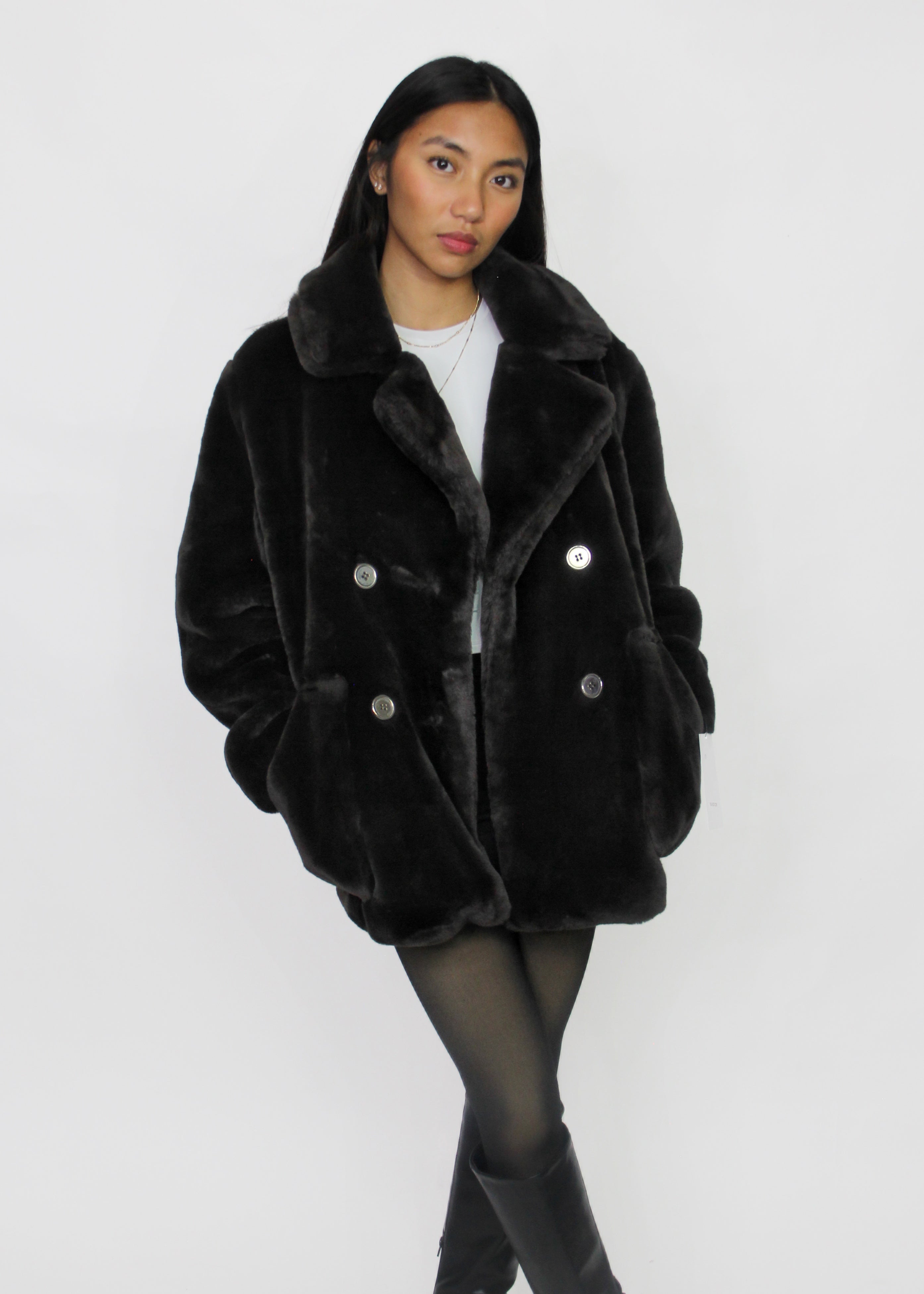 Dark Brown Faux Fur Double-Breasted Coat